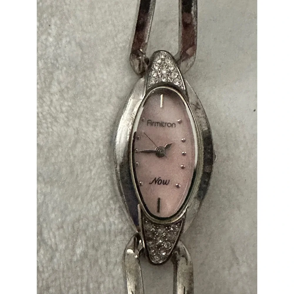 Armitron Now Silver Tone Bangle Watch Pink‎ Face Rhinestone Accent Womens